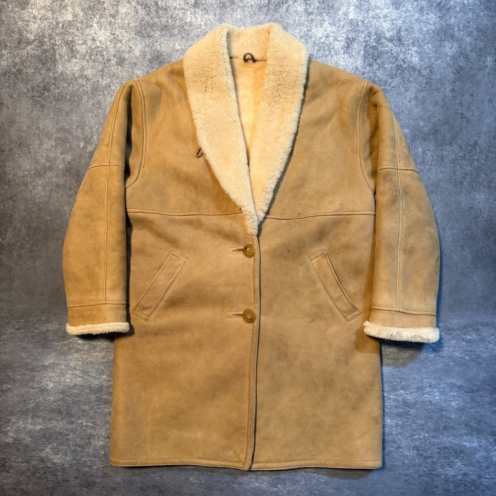 Eddie Bauer Vintage Shearling Sheepskin Coat Tan Wool Lined Shawl Collar Medium